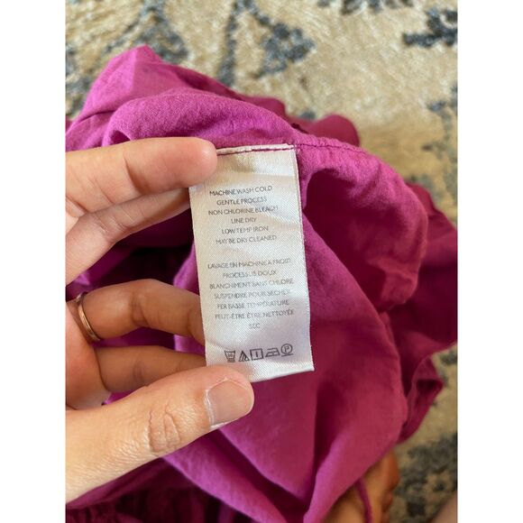 Fuchsia Linen Blend Smocked Mini Dress Ruffle Hem Open Back Milkmaid Peasant S - Picture 9 of 9